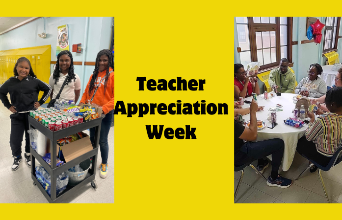 Students in front of treat cart and teachers eating and playing cards togother